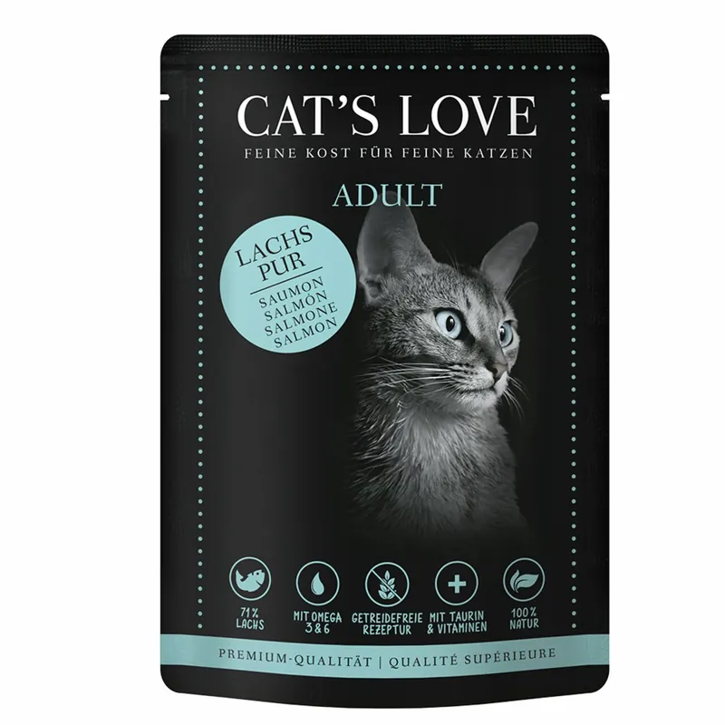 Sparpaket 24 x 85 g Cat's Love Adult Lachs pur mit Distelöl & Petersilie Katzen Nassfutter Preisreduziert